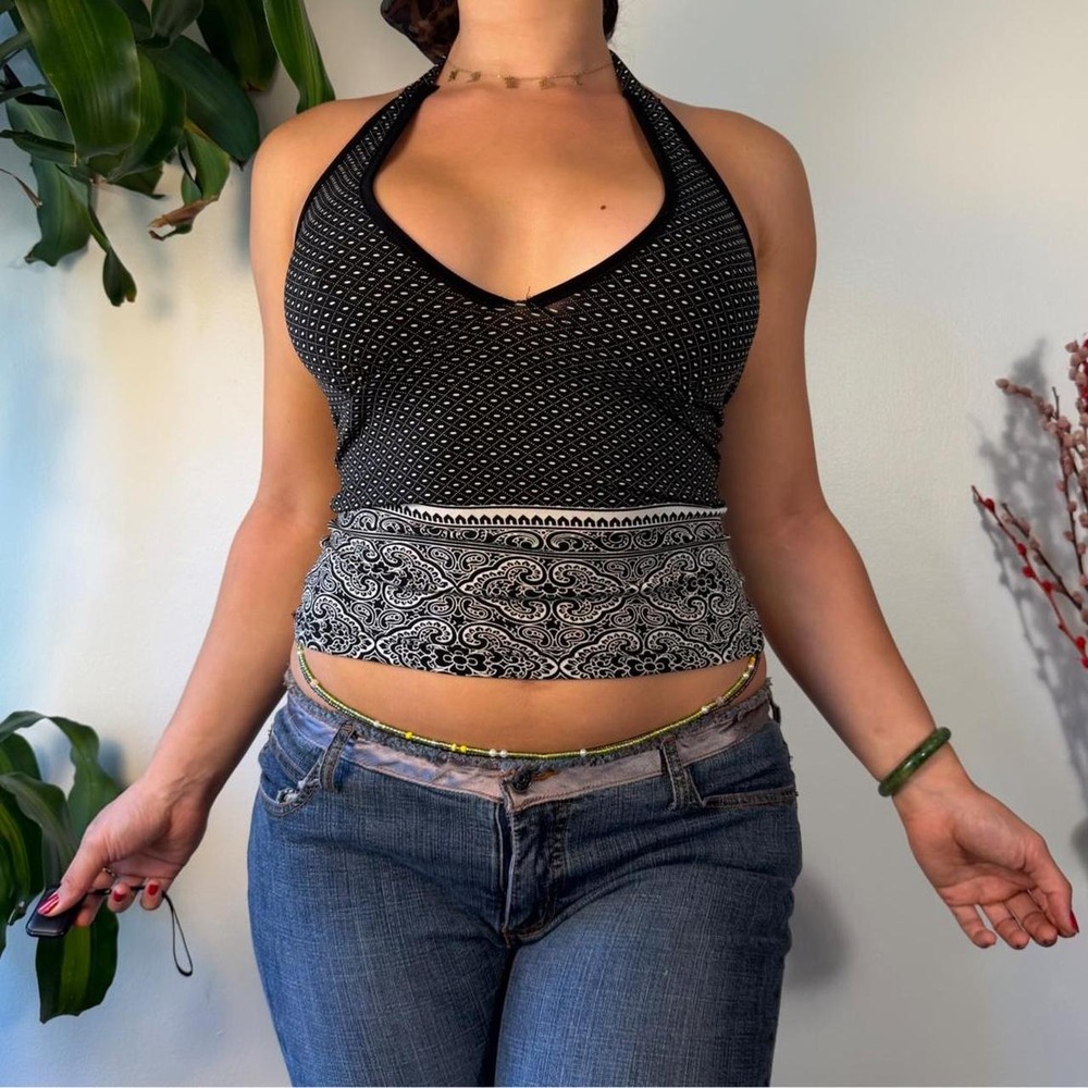Wet Seal Vintage Y2K Polka Dot Paisley Halter Top Whimsygoth Black Grey Small